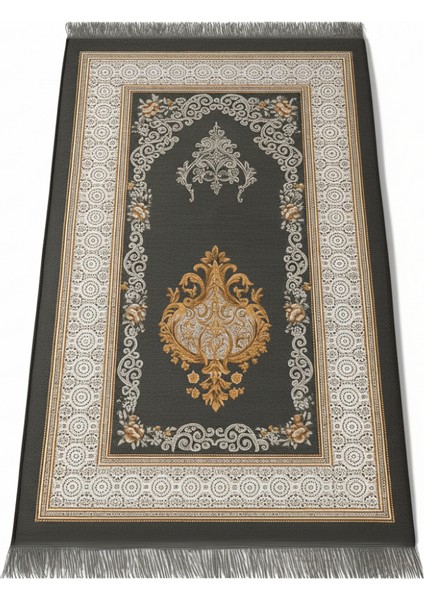 Kişiye Özel Nakış Işlemeli Çiçek Desenli Kendinden Saçaklı Gri Renk Hediyelik Seccade