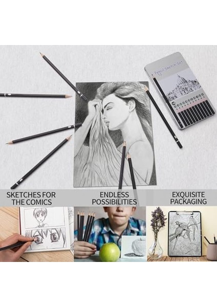 Profesyonel Çizim Eskiz Kalem Seti, 12 Adet Grafit Kalem (14B - 4h), Yeni Başlayanlar ve Profesyonel Sanatçılar Için Sanat Çizim ve Gölgeleme Kalemleri