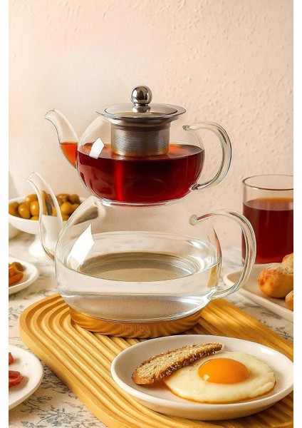 Indüksiyon Tabanlı Borosilikat Cam Çaydanlık - 500 ml Üst Demlik + 1800 ml Alt Demlik