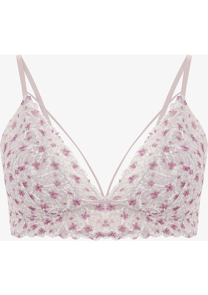 Bej Luna Çiçek Desenli Dantelli Balensiz Push Up Sütyen