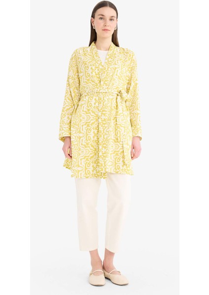 Relax Fit Bisiklet Yaka Desenli Viskon Kimono