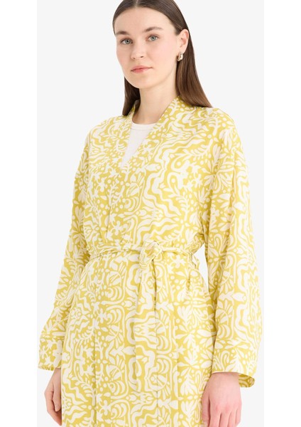 Relax Fit Bisiklet Yaka Desenli Viskon Kimono