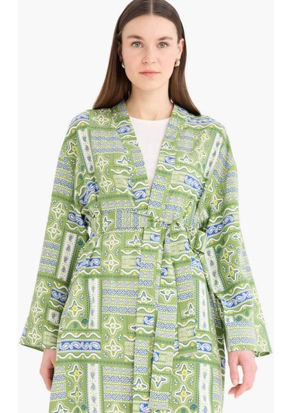 Relax Fit Bisiklet Yaka Desenli Viskon Kimono