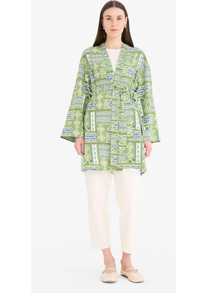 Relax Fit Bisiklet Yaka Desenli Viskon Kimono