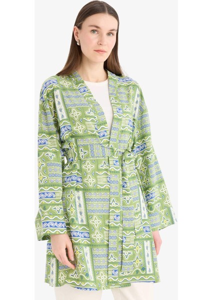 Relax Fit Bisiklet Yaka Desenli Viskon Kimono