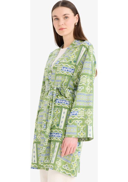 Relax Fit Bisiklet Yaka Desenli Viskon Kimono