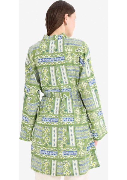 Relax Fit Bisiklet Yaka Desenli Viskon Kimono