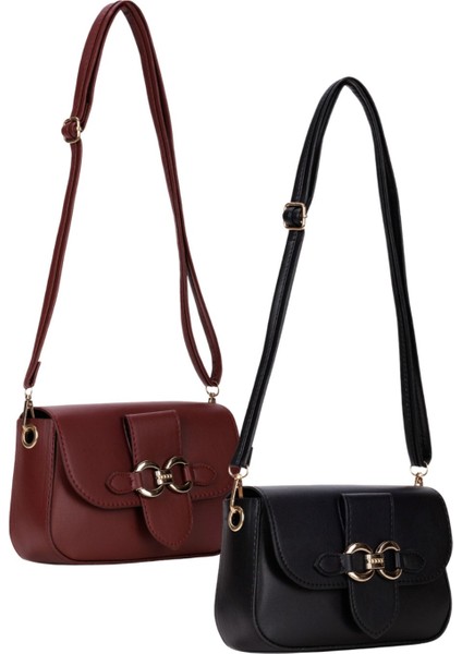 2'li Kadın Çanta Paketi Kapaklı Çapraz Askılı Siyah ve Bordo Omuz Çantası 2 Adet