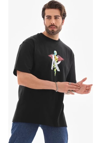 Unisex Bisiklet Yaka Baskılı Oversize T-Shirt - Siyah
