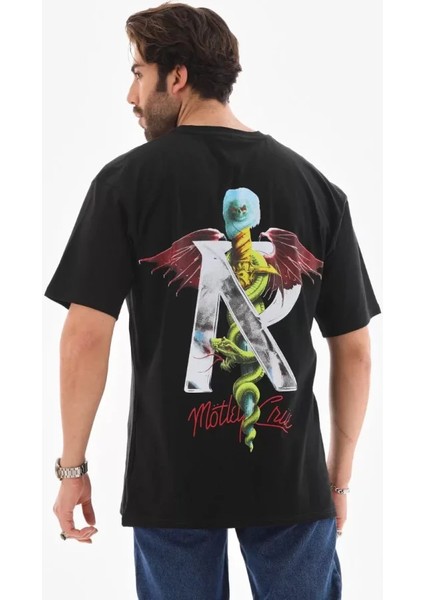 Unisex Bisiklet Yaka Baskılı Oversize T-Shirt - Siyah fırsatları