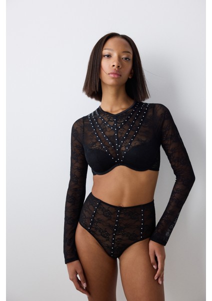 Shinny Lace Dantel Uzun Kollu Siyah Croplet