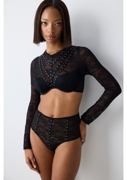 Shinny Lace Dantel Uzun Kollu Siyah Croplet