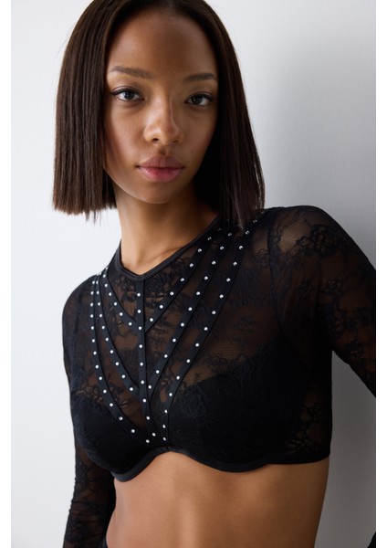 Shinny Lace Dantel Uzun Kollu Siyah Croplet