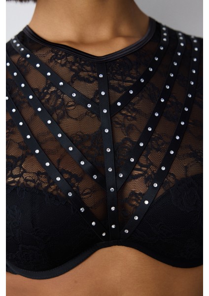 Shinny Lace Dantel Uzun Kollu Siyah Croplet