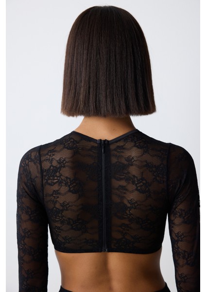 Shinny Lace Dantel Uzun Kollu Siyah Croplet