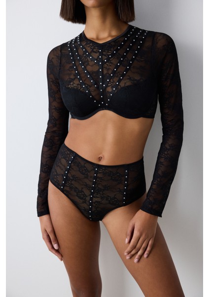 Shinny Lace Dantel Uzun Kollu Siyah Croplet