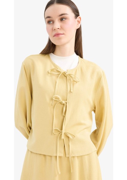 Relax Fit Önden Bağlamalı Keten Uzun Kollu Tesettür Bluz