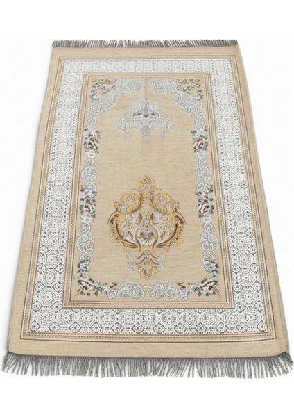 Kişiye Özel Nakış Işlemeli Çiçek Desenli Kendinden Saçaklı Krem Rengi Hediyelik Seccade