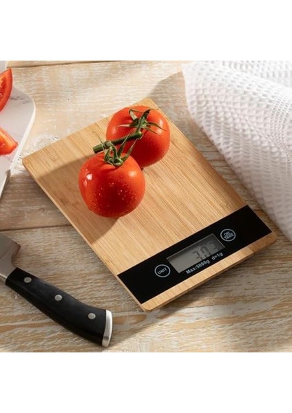 Dijital Paslanmaz Çelik Yüzeyli Mutfak Terazisi | Hassas Ölçüm (1gr - 5kg) | Dara Alma Fonksiyonlu | Dijital Mutfak Tartısı | Şık ve Kompakt Tasarım (Bambu)