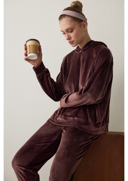 Kahverengi Yumuşak Kadife Sıcak Tutan Termal Etkili Kapüşonlu Sweatshirt