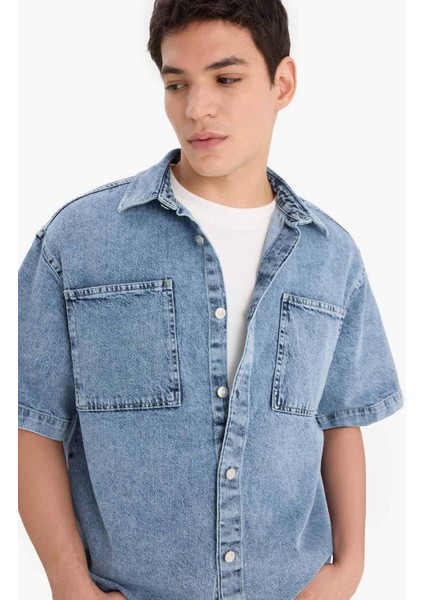 %100 Pamuk Relax Fit Yazlık Kısa Kollu Jean Gömlek D8109AX25SP