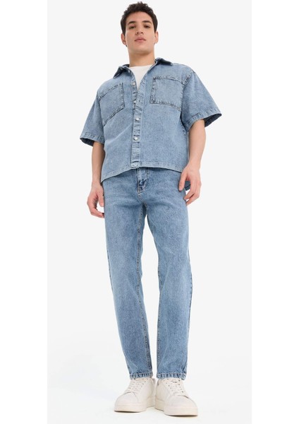 %100 Pamuk Relax Fit Yazlık Kısa Kollu Jean Gömlek D8109AX25SP