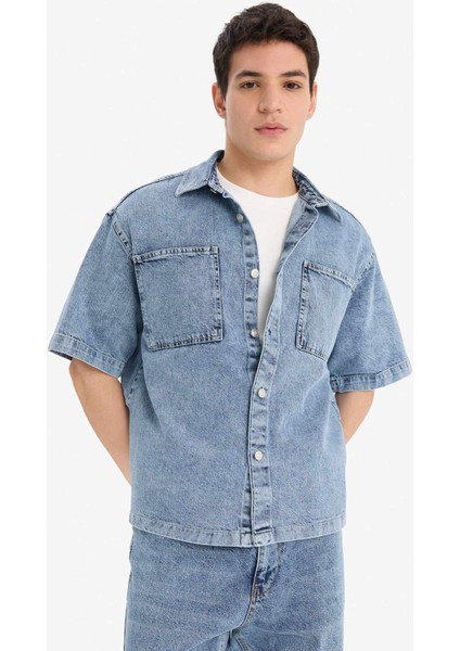 %100 Pamuk Relax Fit Yazlık Kısa Kollu Jean Gömlek D8109AX25SP