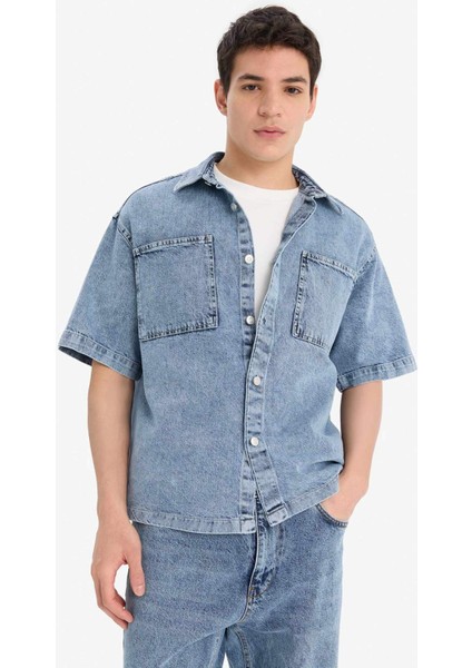 %100 Pamuk Relax Fit Yazlık Kısa Kollu Jean Gömlek D8109AX25SP
