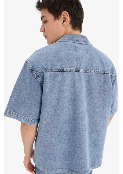 %100 Pamuk Relax Fit Yazlık Kısa Kollu Jean Gömlek D8109AX25SP