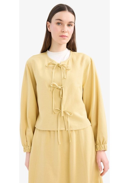 Relax Fit Önden Bağlamalı Keten Uzun Kollu Tesettür Bluz E5352AX25SP