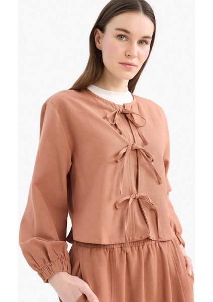 Relax Fit Önden Bağlamalı Keten Uzun Kollu Tesettür Bluz