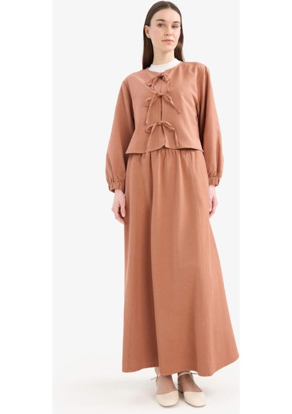 Relax Fit Önden Bağlamalı Keten Uzun Kollu Tesettür Bluz