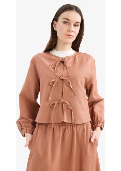 Relax Fit Önden Bağlamalı Keten Uzun Kollu Tesettür Bluz