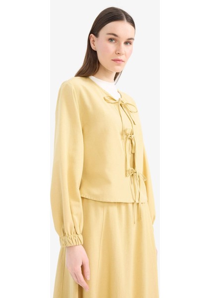 Relax Fit Önden Bağlamalı Keten Uzun Kollu Tesettür Bluz