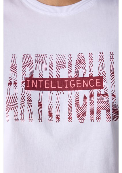 Beyaz Kısa Kol Digitopia Baskı Tişört