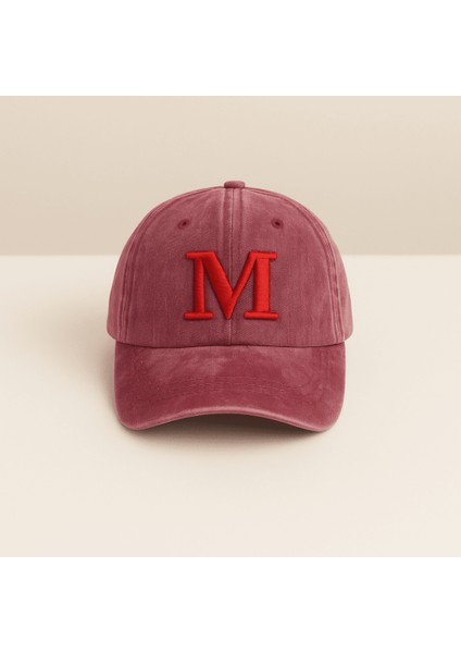 Isme Özel Harf Nakışlı Bordo Vintage Stil Eskitme Kumaş Ayarlanabilir Unisex Beyzbol Şapkası modelleri
