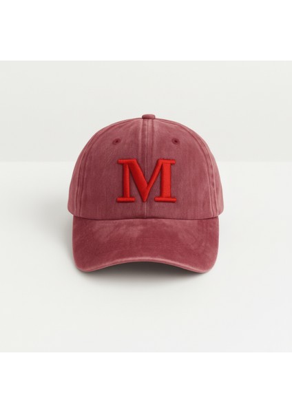 Isme Özel Harf Nakışlı Bordo Vintage Stil Eskitme Kumaş Ayarlanabilir Unisex Beyzbol Şapkası indirimleri
