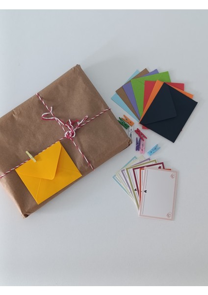 9x7 Karışık Renkli Zarf 8 adet ve Not Kartı 8 Adet - Mandal Seti