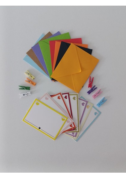 9x7 Karışık Renkli Zarf 8 adet ve Not Kartı 8 Adet - Mandal Seti fiyatları