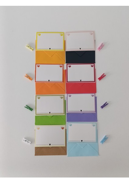 9x7 Karışık Renkli Zarf 8 adet ve Not Kartı 8 Adet - Mandal Seti modelleri