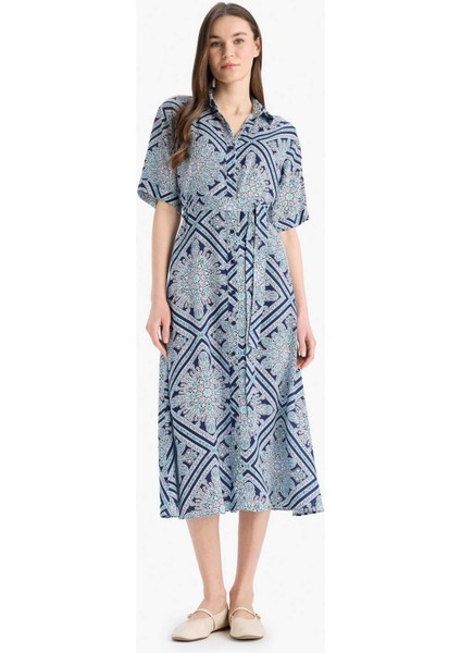 A Kesim Gömlek Yaka Desenli Bağcıklı Kısa Kollu Midi Elbise D4575AX25SP