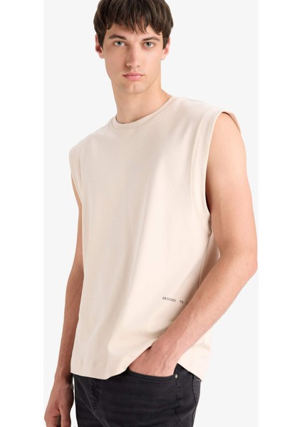 %100 Pamuk Boxy Fit Bisiklet Yaka Baskılı Atlet C5040AX25HS