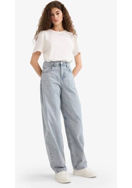 Baggy Fit Yüksek Bel Uzun Jean Yıkamalı Pantolon