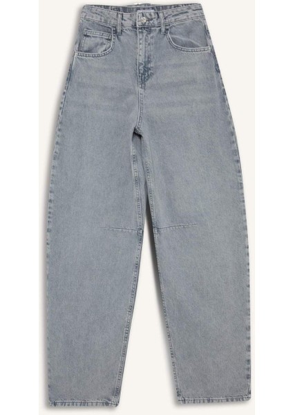 Baggy Fit Yüksek Bel Uzun Jean Yıkamalı Pantolon