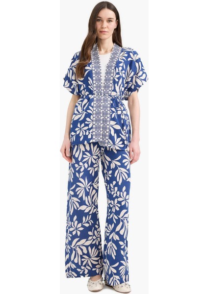 Regular Fit Desenli Cep Detaylı Düz Paça Keten Karışımlı Pantolon E7329AX25SM