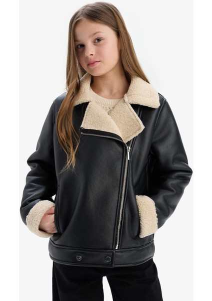 Kız Çocuk Su İtici Ceket Yaka Pelüş Astar Suni Deri Ceket Mont C4978A825AU