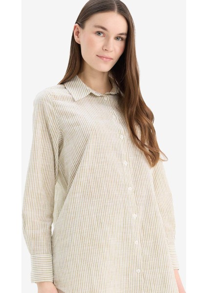 Regular Fit Çizgili Flamlı Pamuk Uzun Kollu Gömlek Tunik