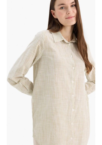 Regular Fit Çizgili Flamlı Pamuk Uzun Kollu Gömlek Tunik