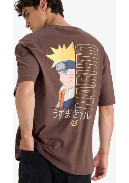 %100 Pamuk Naruto Boxy Fit Rahat Kesim Bisiklet Yaka Sırt Baskılı Kısa Kollu Tişört E7358AX25AU