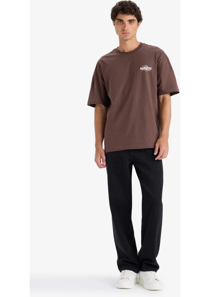 %100 Pamuk Naruto Boxy Fit Rahat Kesim Bisiklet Yaka Sırt Baskılı Kısa Kollu Tişört E7358AX25AU